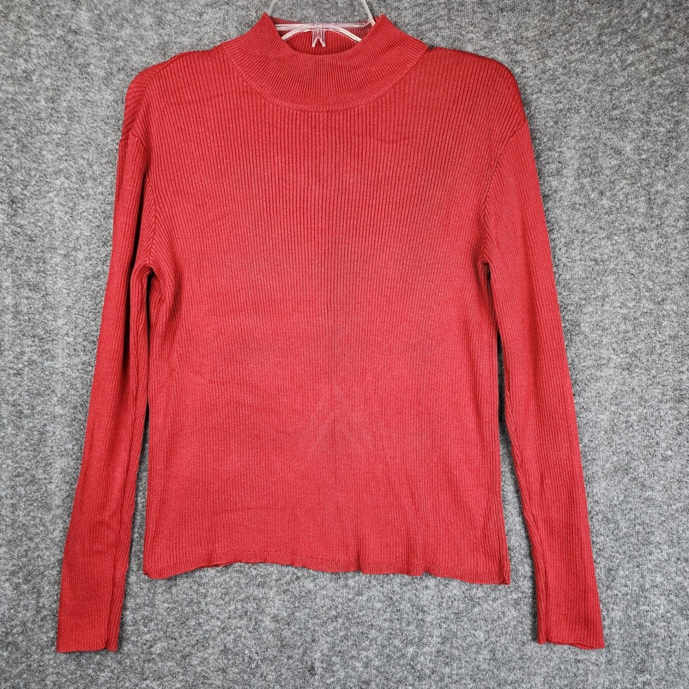 Coldwater Creek Sweater Womens M Red Silk Cotton Ribbed Mock Neck Long Sleeve